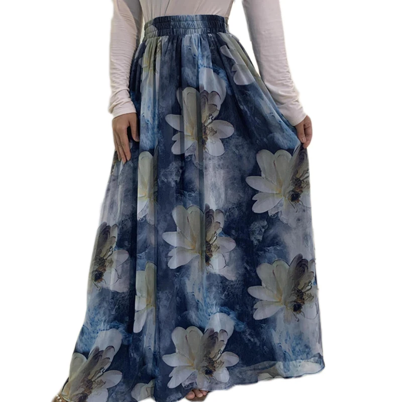 

Chiffon Muslim Women Floral Printed Skirts Islamic Clothing Arab Bottoms High Elastic Waist Loose Casual Ramadan Spring Autumn