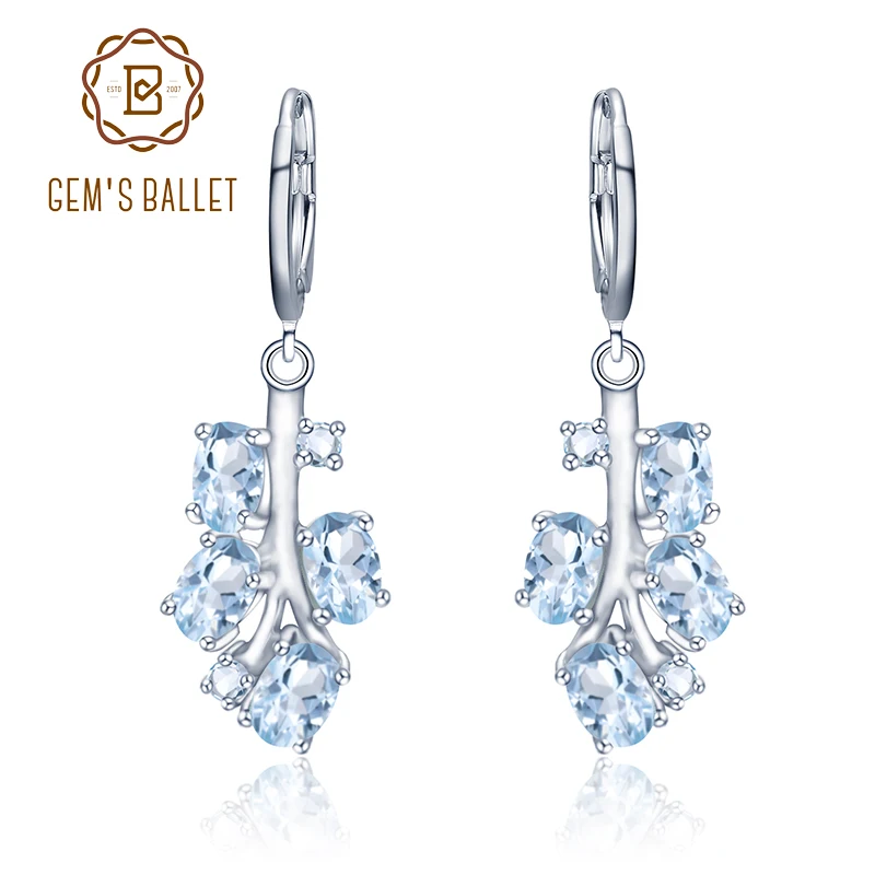 Женские серьги подвески из серебра 925 пробы с натуральным голубым