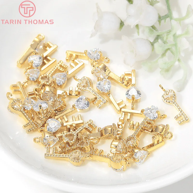 

4PCS 5x15MM 24K Gold Color Brass and Zircon Heart Key Charms Pendants High Quality Diy Jewelry Findings Accessories