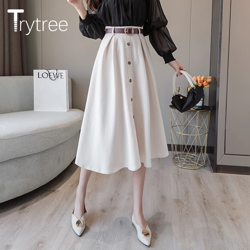 Trytree/, осенне-зимняя женская повседневная юбка в стиле ампир, 5 цветов, трапециевидная модная юбка на элегантных кнопках, пояс до середины икры, Офисная Женская юбка