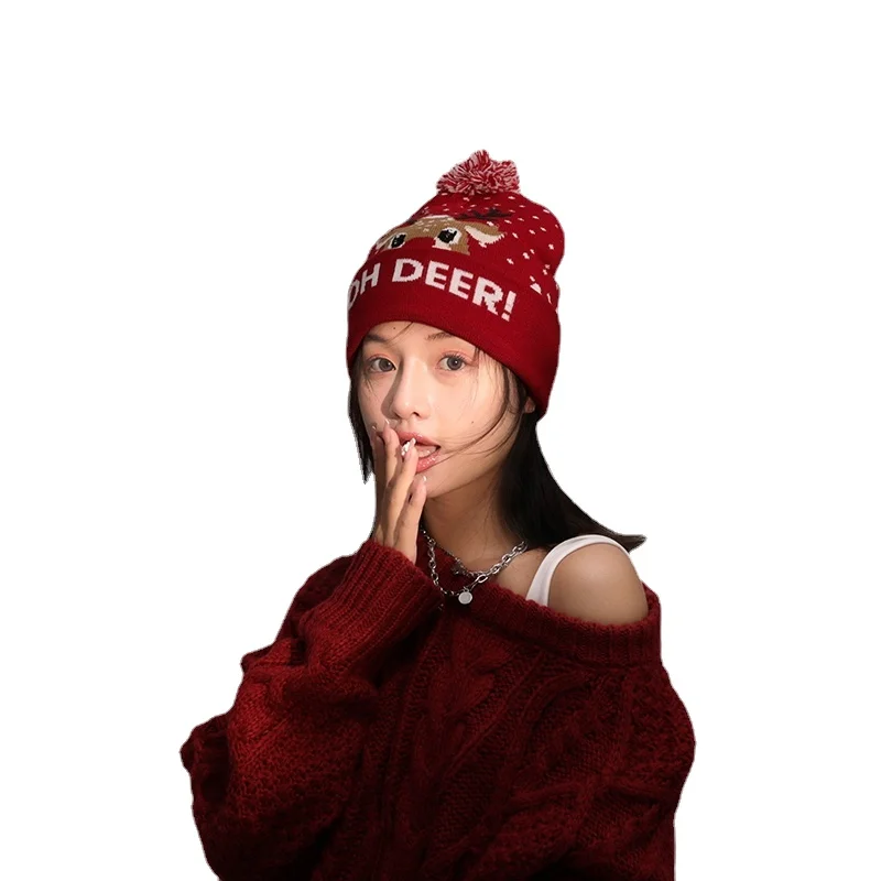 

Новогодний подарок Рождественская Милая Красная шапка женская осенне-зимняя теплая шерстяная шапка с наушниками пуловер Кепка