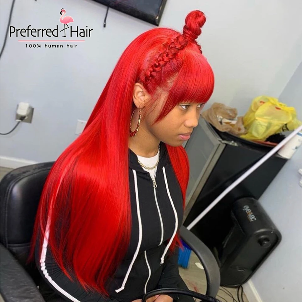 Red Wig Предпочтительный цвет красный, оранжевый, 13x6 Синтетические волосы на кружеве парики с челкой бразильский Реми прямые розовый парики из натуральных волос с Африканской структурой, прозрачные кружевные парики для Для женщин - Цвет: Red Wig