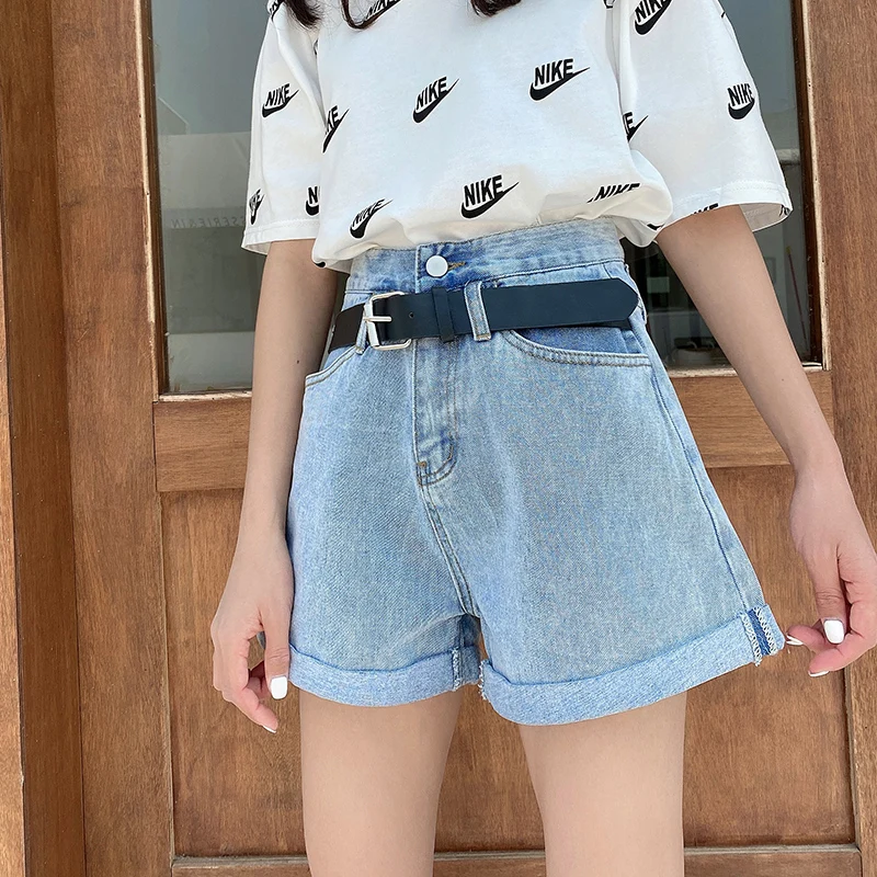 Шорты женские джинсовые с завышенной талией Голубые короткие штаны из денима