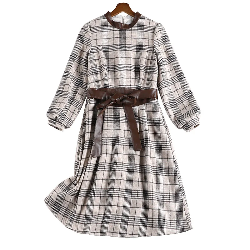 Женское клетчатое платье с поясом юбка длинным рукавом Осеннее свободное