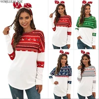 women hoodie long sleeve round neck christmas elk flowers printed mid length loose stitching casual pullover spring autumn tops