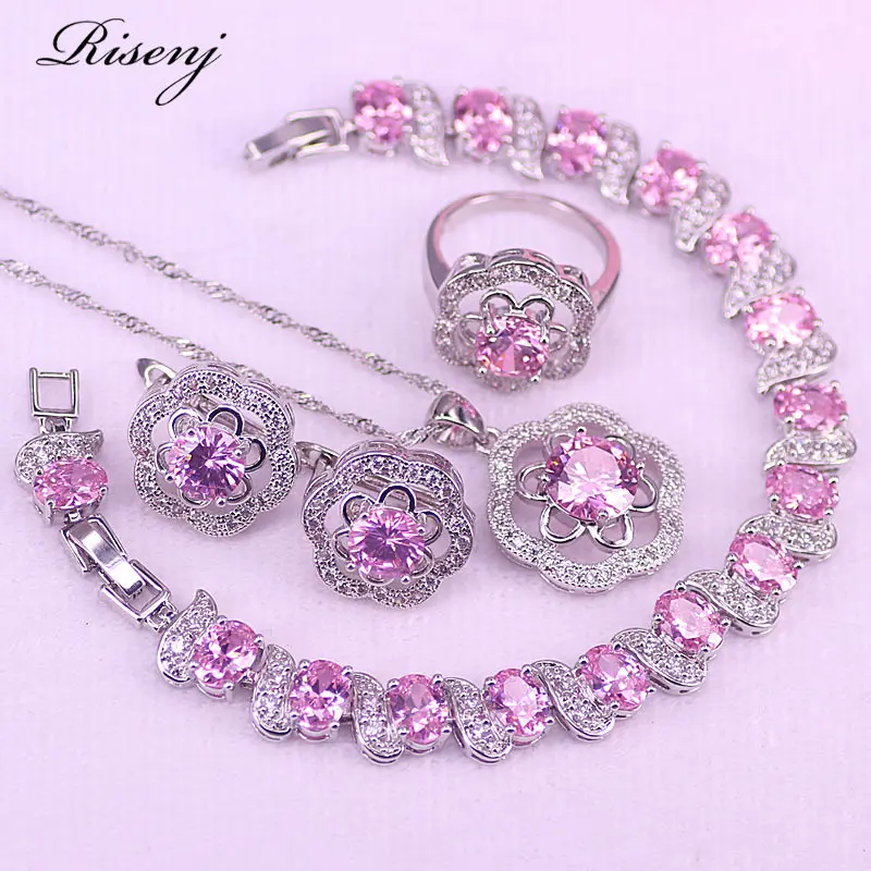 

Princess Pink Rose Silver 925 Costume Jewelry For Women Hoop Earrings Ring Necklace With Bracelet Bridal Jewelry In Store T55