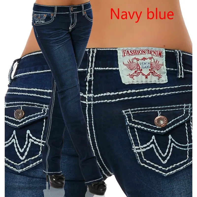 Ladies Punk Street Tide Middle Waist High Elastic Thick Thread Embroidered Cotton Denim Straight Pants