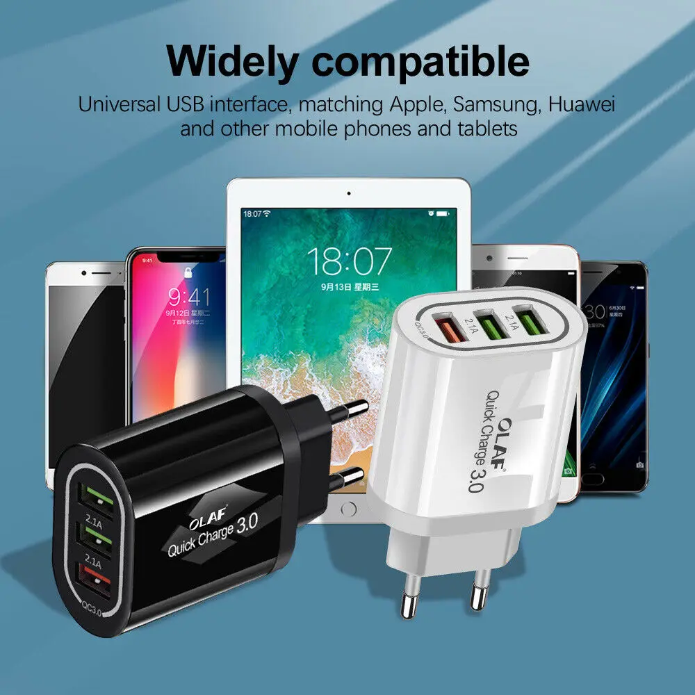 

QC 3.0 18W USB Charger 3 USB Ports Fast Quick Charge For iPhone X Wall Chargers Hub For Phone For Samsung S10 Adapter US/EU Plug
