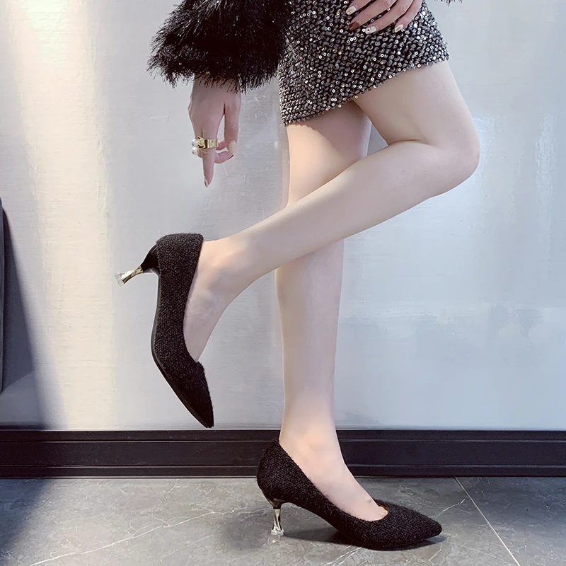 

Новинка 2020, зимние женские туфли на высоком каблуке, плюшевые туфли на тонком каблуке, простые однотонные повседневные теплые женские туфли...