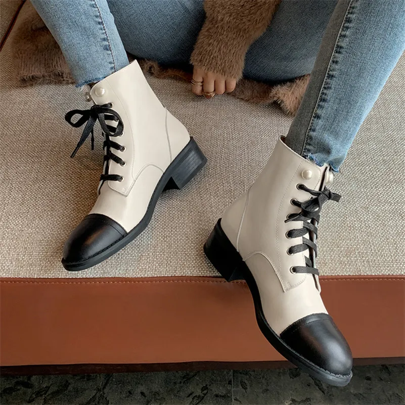 

Meotina Genuine Leather Mid Heel Short Boots Women Shoes Pearl Lace Up Chunky Heels Fashion Ankle Boots Autumn Winter Black 39