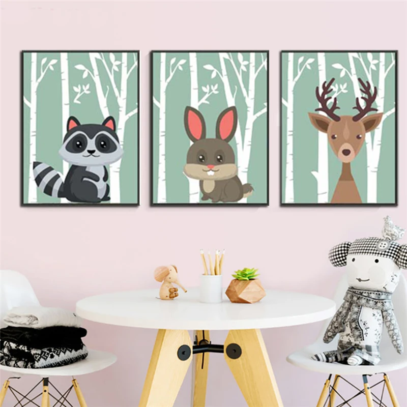 Лес мультфильм постеры с животными белка рисунок оленя на холсте для детской