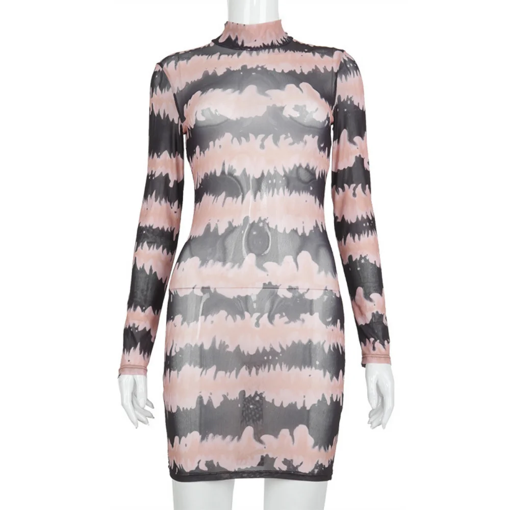 

2021 Hot Sexy Mesh Transparent Mini Dress Bodycon Slim Women Long Sleeve Striped Sheer Clubwear Night Party Fashion Dresses