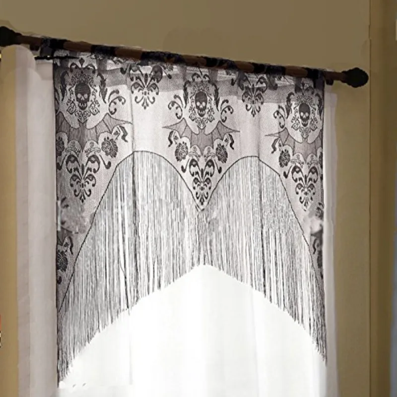 97x102 Halloween Window Curtain Lace Spider Web Skull Cover Valance With Tassel | Дом и сад