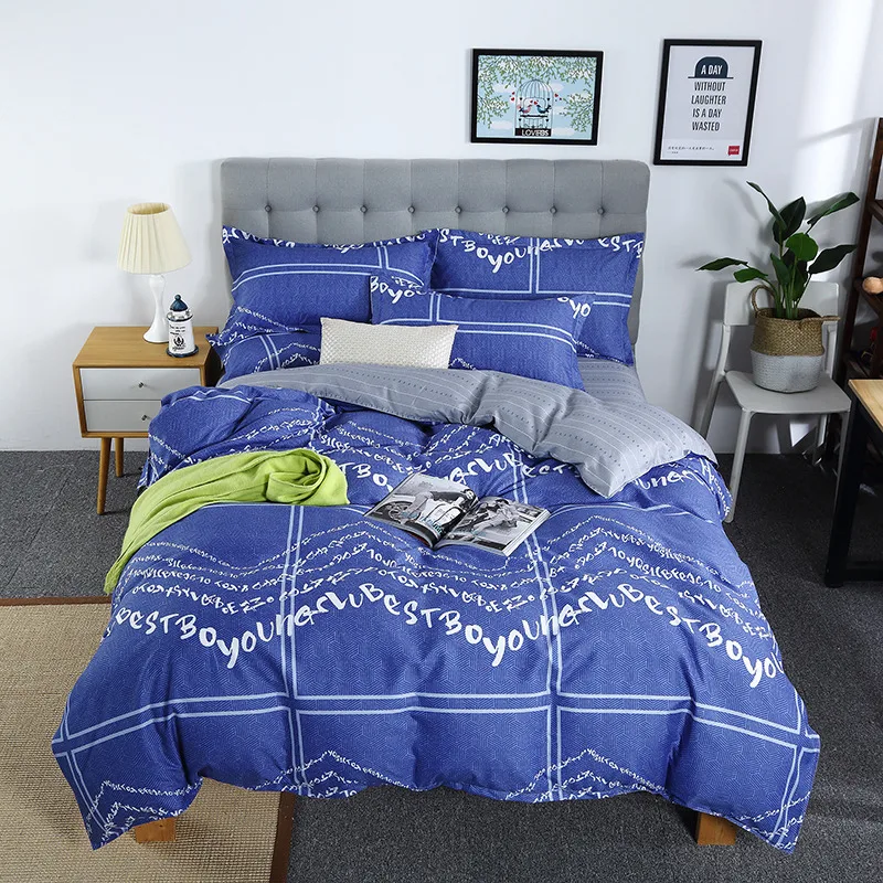 

Hot Sale Blue Plaid Bedding Cotton Printed Pillowcase Quilt Cover Bed Sheet Queen Size Bed King Size Bed Four-Piece Set