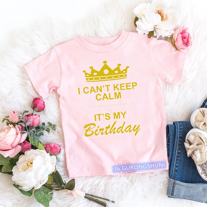 

Novelty design girls t-shirt birthday crown graphic print kids birthday clothing vogue highquality boys t shirt yellow pink tops