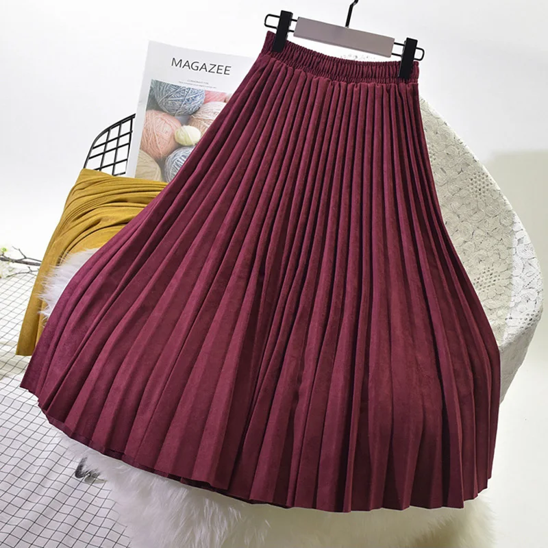 

New gold velvet pleated skirt mid-length deerskin velvet high waist skirt suede