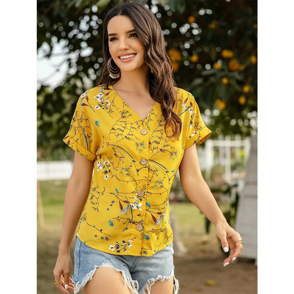 

2020 New Women's AliExpress Cross-Border Foreign Trade Printing All-Match Top Chiffon Short-Sleeved V-Neck Shirt