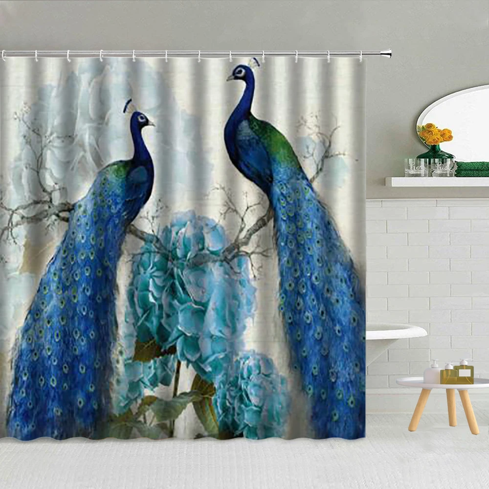 

Chinese Bird Pattern Shower Curtain Beautiful Blue Peacocks Feather Flower Tree Scenery Bathroom Home Decor Curtains Set Cloth
