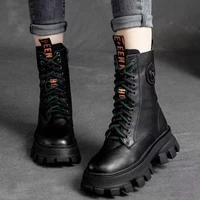 2022new pu leather boots platform women winter fashion solid color lace up zipper boots square heel round toe gothic women boots