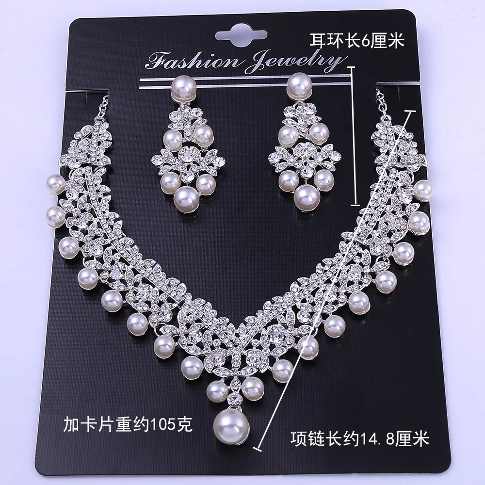 

Sliver Plated Rhinestone Crystal Faux Pearl Necklace+Earring Jewelry Set For Bride Bridal Wedding