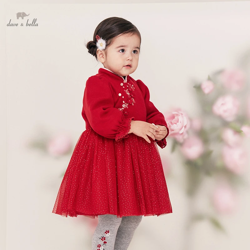 

DBL19855 dave bella winter baby girls cute floral draped dress fashion children girl party dress infant lolita clothes