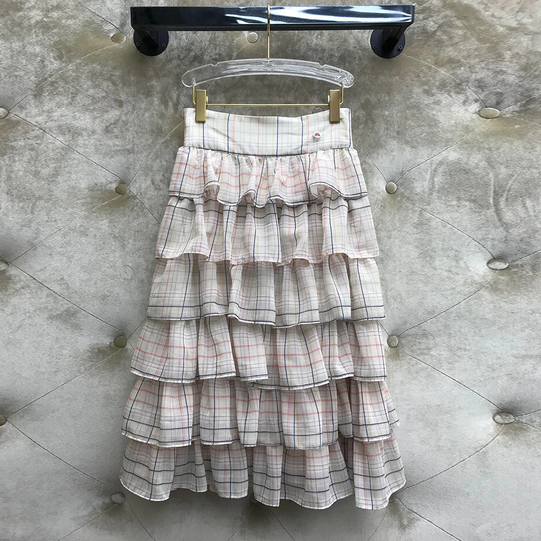 

luxury high-end contrast plaid sweet long skirts womens 2020 new high waist zipper fly button cute 7 layers ruffles cake skirt