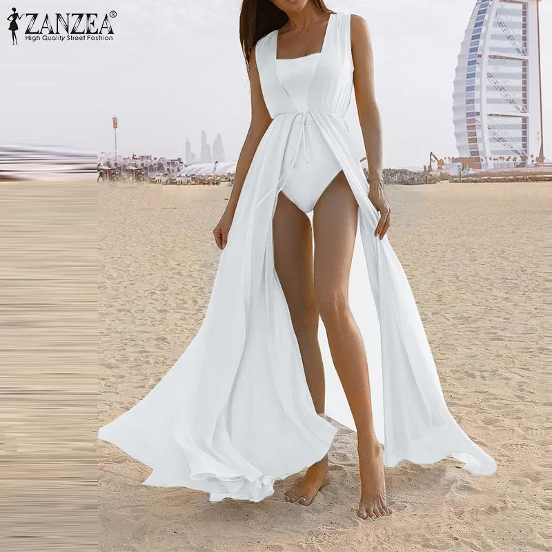 Fashion Women Lace Up ZANZEA Femme Blouses Casual Feminino Beach Cardigan Summer Solid Sleeveless Chemise Sundress Plus Size 5XL |