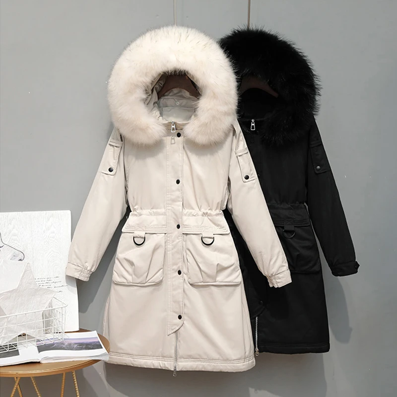 

Large Raccoon Fur Collar Down Coat Winter Jacket 90% White Duck Down Hooded Warm Parkas Detachable Lining Overcoat