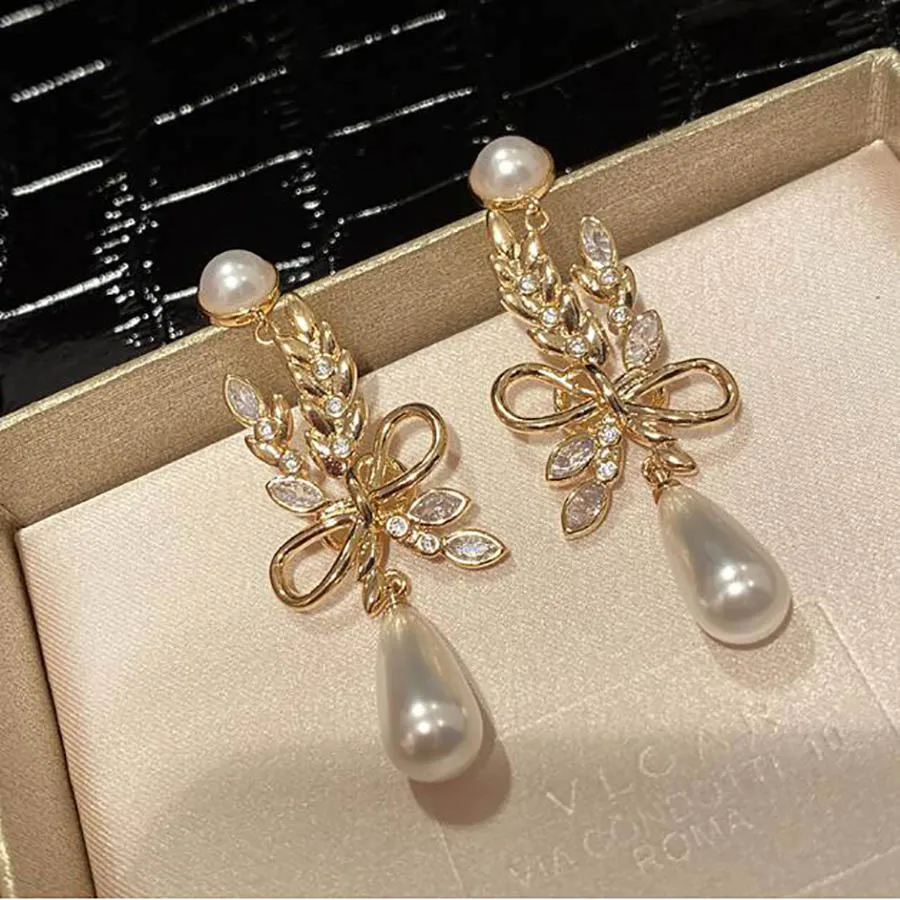 

Wheat Ear Bowknot Pearl Earrings Luxury Ear Jewelry Designer Ribbon Crystal rhinestone Retro elegant women wedding eardrop