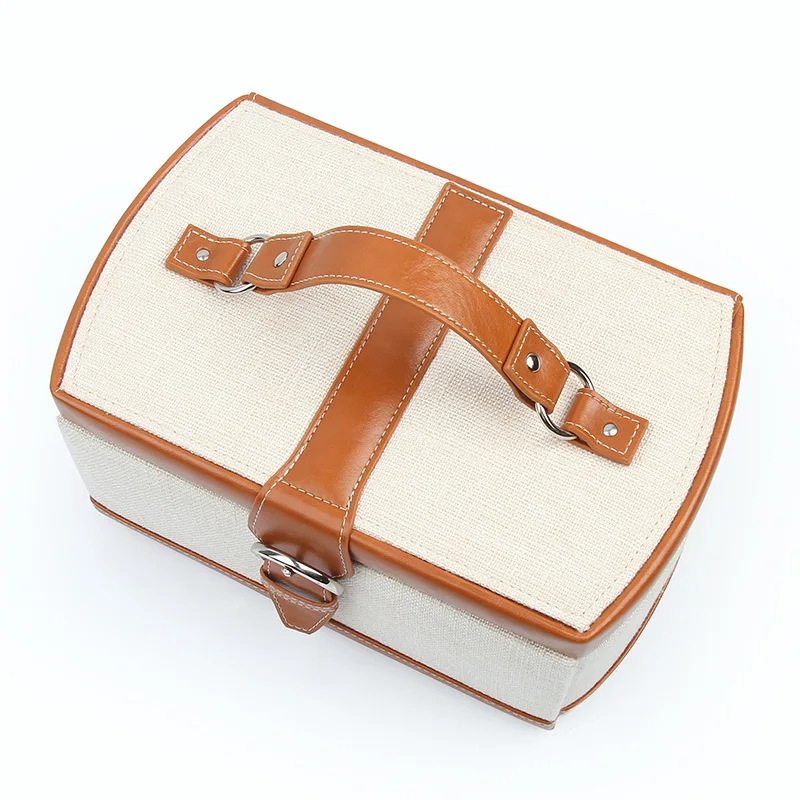 HOSENG Retro Classical Big Jewelry Case Three Layers With Mirror Noble Women PU Leather Linen Earring Ring Storage Box HS_323