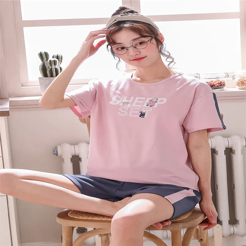 Women Pajamas Sets Suits Lovely Home Suit 100% Cotton Pyjama For Sleepwear Short Sleeve Top + Shorts Pyjamas Pijamas Mujer | Женская