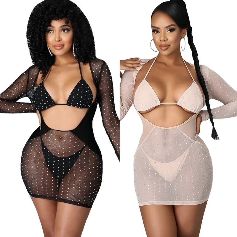 

Сексуальный сетчатый прозрачный комплект ZKYZWX из 3 предметов, мини-платье с длинным рукавом и открытыми плечами, короткий топ, стринги, пляжн...