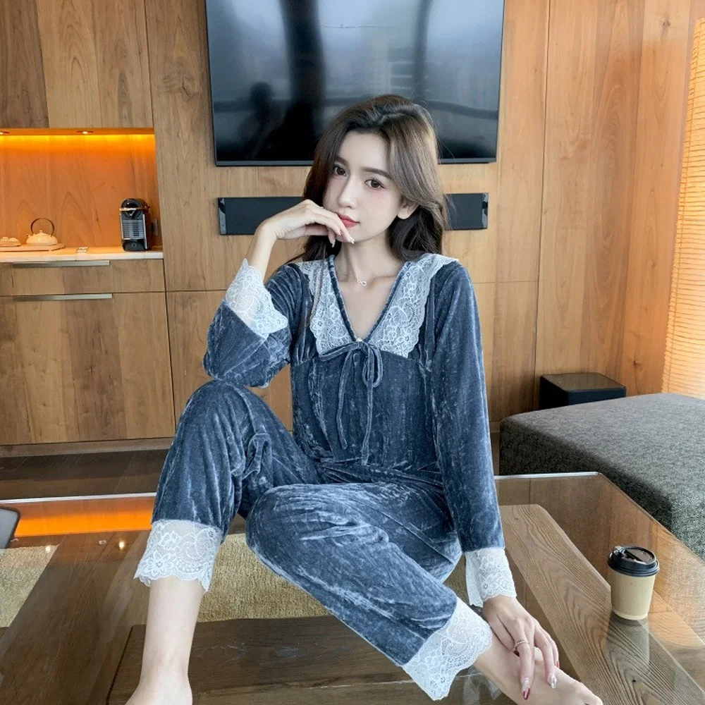 Gold Velvet Pajamas for Women Winter Long-sleeved Trousers Cute Loose Princess Home Service Suit Women's Pajamas Sets Nightwear