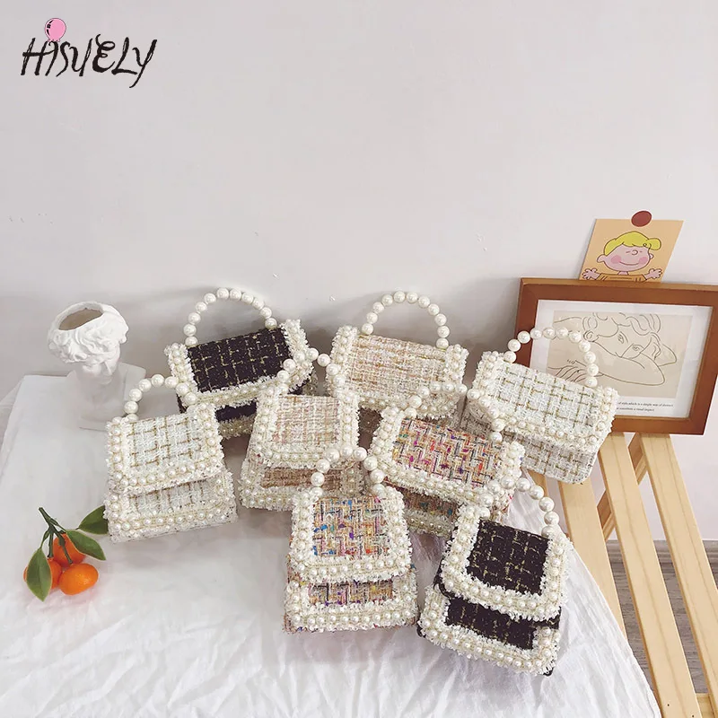 

Autumn and winter new baby cute princess pearl handbag mini bag girls woolen cloth metal chain messenger bag children bag