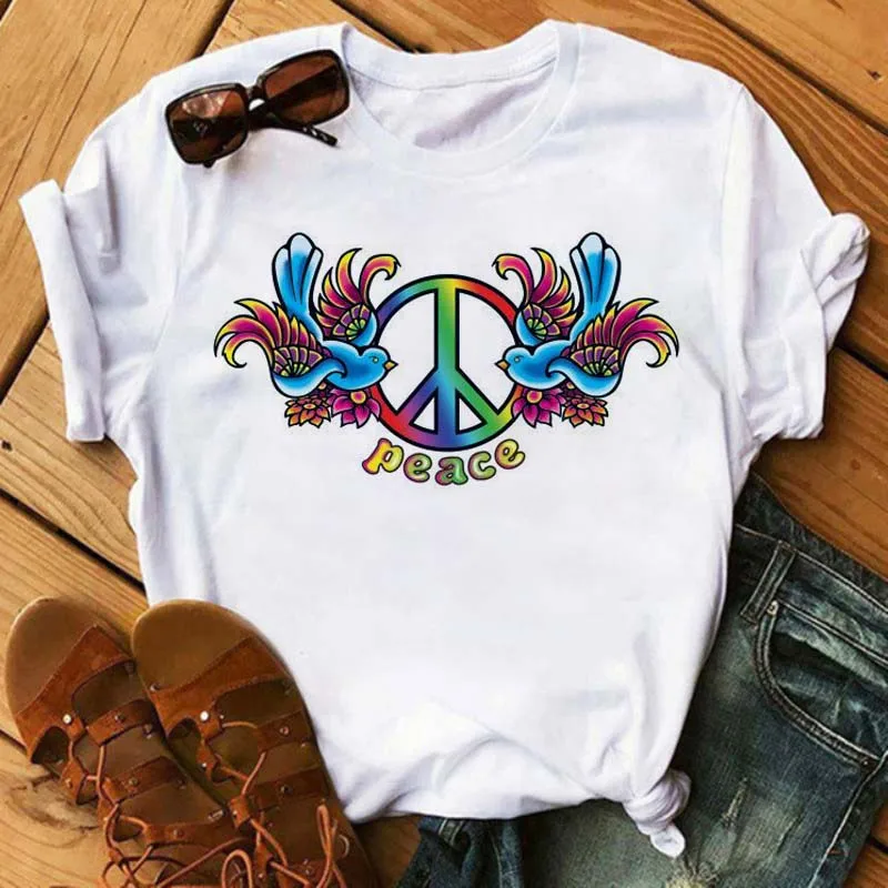 

Funny Peace Love T-shirts Casual Cartoon Graphic Printed Tees Women Summer Fashion T-shirt Streetwear Short Sleeves Tops Tees