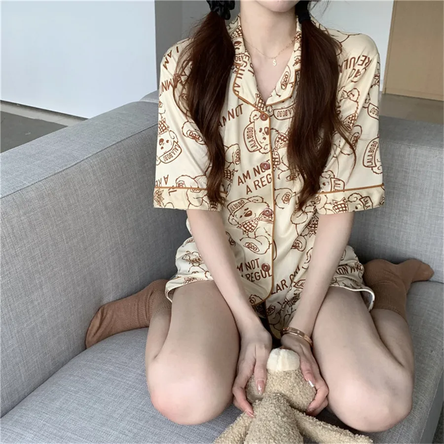 

sweet short sleeve top+shorts pajama set women sleepwear home suit bear cartoon print letter girls loungewear night suit Y732