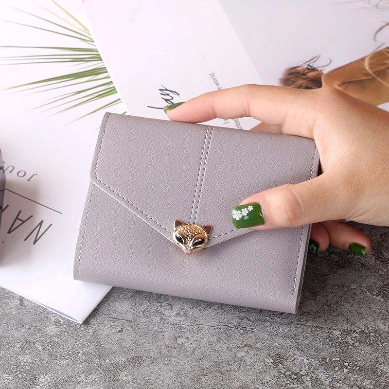 

Womens Wallet Short Solid Color Female Leather Metal Fox Buckle Three Fold Coin Purses Ladies Mini Clutch Bag Money Clip