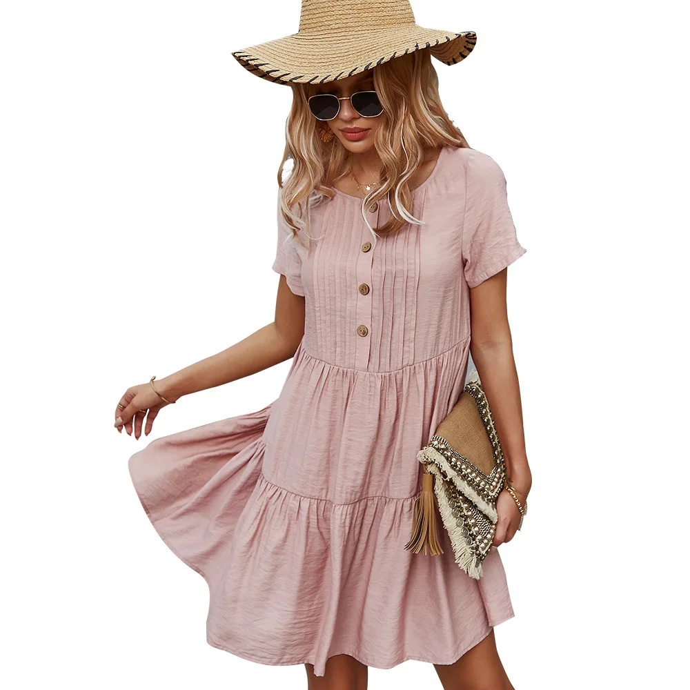 

2021 Women's Pure Color Dress Spring/Summer Short Sleeve Cotton Skirt