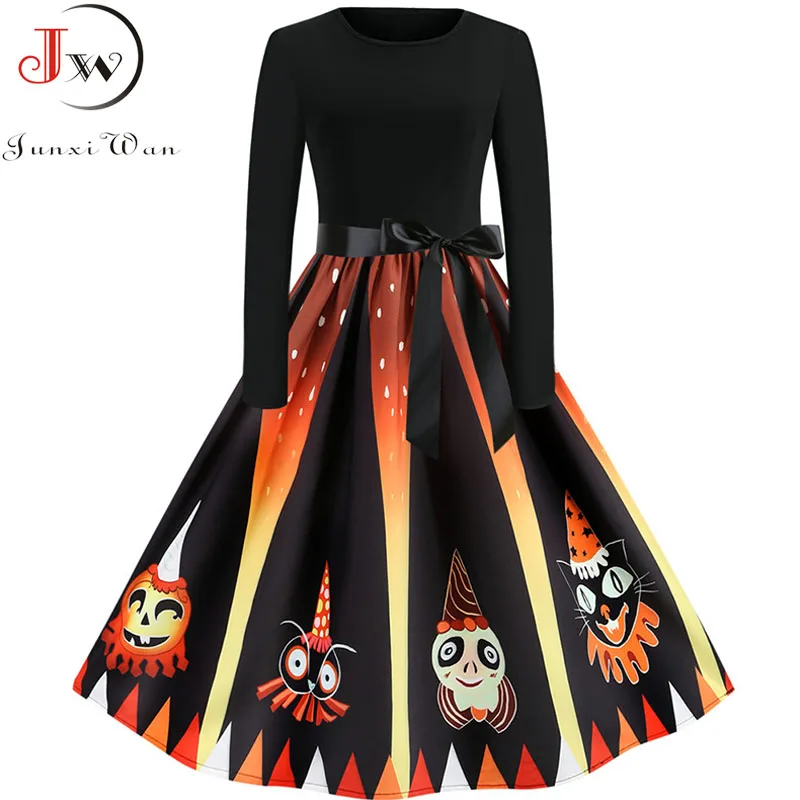 

2022 Autumn Winter Women Elegant Long Sleeve Vintage Casual O-Neck Black Print Halloween Party Dress Robe