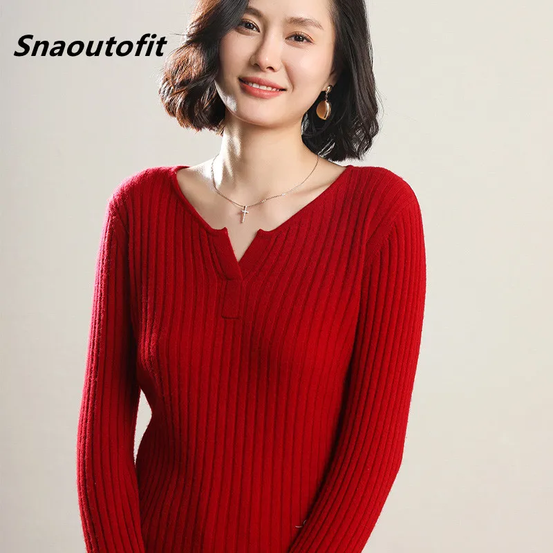 

Snaoutofit Autumn Winter New Pure Wool Sweater Women's V-Neck Long-Sleeved Pullover Pit Strips Slim All-Match Bottoming Hot Sale