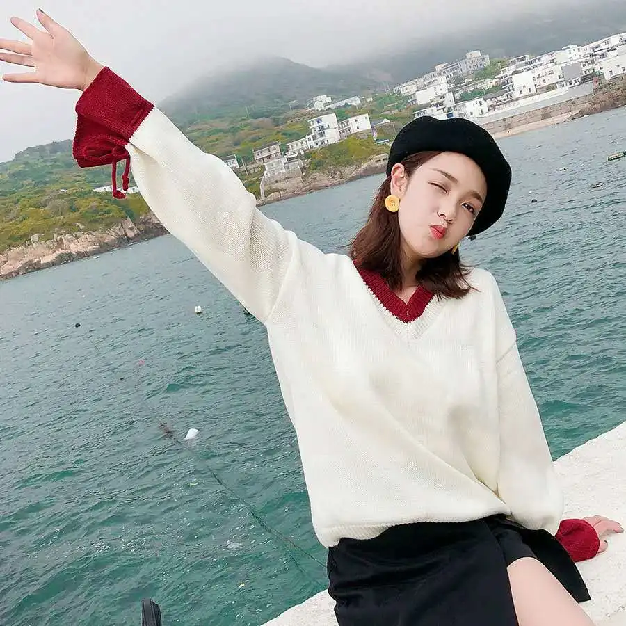 

Hipster Sweater Women Pullover Loose New Style for Autumn and Winter Sweet Bell Sleeve Korean Style V-neck Bottoming Sweater