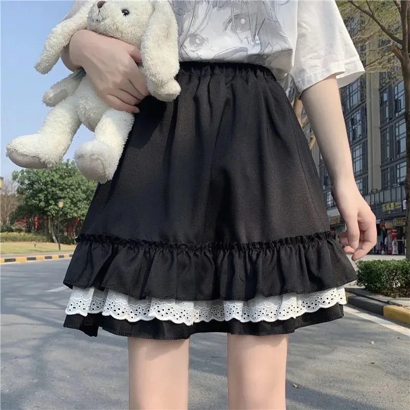 

Gothic Lace Ruffle Mini Skirts Womens Harajuku Fairy Black Pleated Skirt Japanese Streetwear