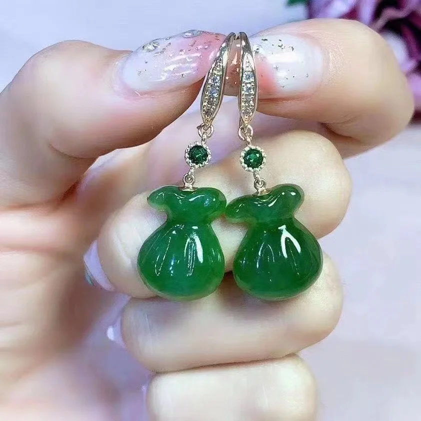 Natural Hetian Jade Jade Purse Earring Earrings Rose Gold Spinach Green Egg Noodle Earrings Ear Hook Lucky Bag