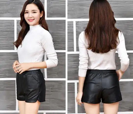 Черные женские шорты осень-зима новинка из искусственной кожи с высокой талией