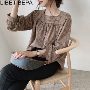 Новинка 2020 осень зима женские блузки квадратный воротник модная клетчатая рубашка дикие Модные большие винтажные женские топы BL3256