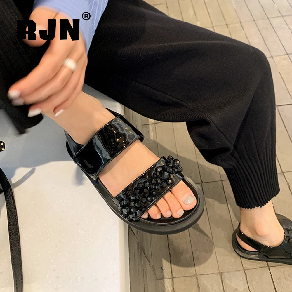 

RJN Women Shoes Sandals Summer Genuine Leather Flat Round Toe Platform Casual New Comfortable Dressing Neutral Stylish RL96