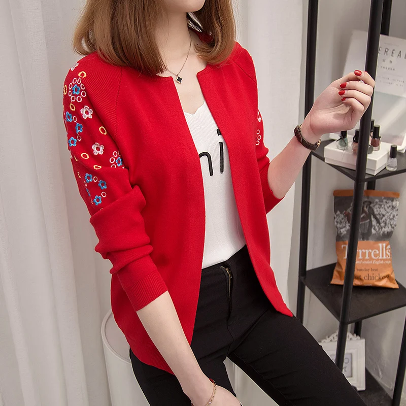 

2021 female knit cardigan Embroidery Flower slim Korean Korean version of the new school all-match sweater shawl