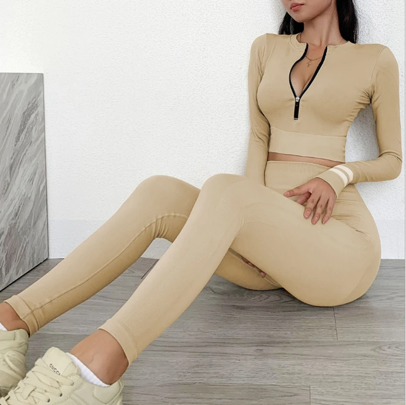 

Work Out Clothes For Women Yoga Set Top Zipper Full Sleeve Seamless Leggings 2 Piece Set Women Sports Sexy Suit Female