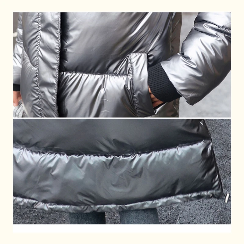 2021 Winter Straight New Hooded Fashion Plus Size Jacket Women's Slim Zipper Thickening Long Shiny Face Down Cotton Jacket Women