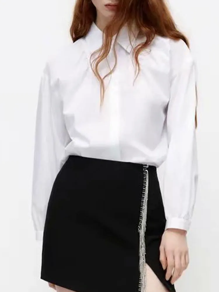 

Осень 2021, новый стиль, повседневная универсальная элегантная Простая рубашка из поплина в студенческом стиле с отложным воротником и декор...